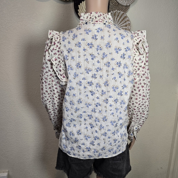 Sézane Women’s 36 (US 4) Cream Blue Pink Floral Ruffle Top Blouse - Picture 3 of 11